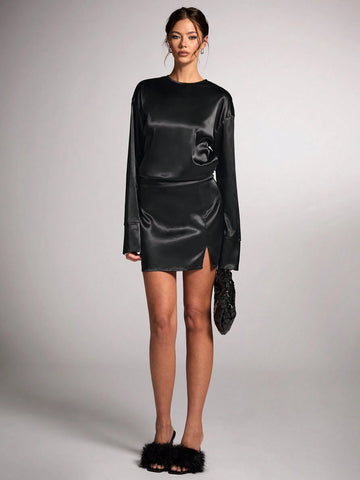 Elegant Black Solid Party Dress/Date Night/Little Black Dress/Night Out/Commuting Fashion Glossy Satin Long Sleeve Shirt + High-Waisted Split Skirt Suit Set, Autumn