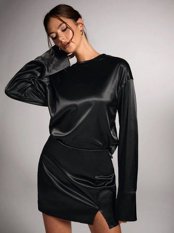 Elegant Black Solid Party Dress/Date Night/Little Black Dress/Night Out/Commuting Fashion Glossy Satin Long Sleeve Shirt + High-Waisted Split Skirt Suit Set, Autumn