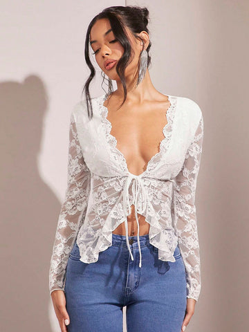 BAE Elegant Lace Ruffle Hem Tie Neck Long Sleeve Top