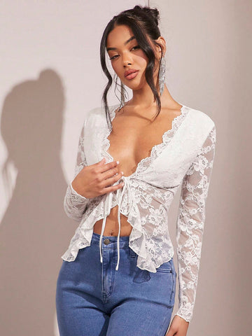 BAE Elegant Lace Ruffle Hem Tie Neck Long Sleeve Top
