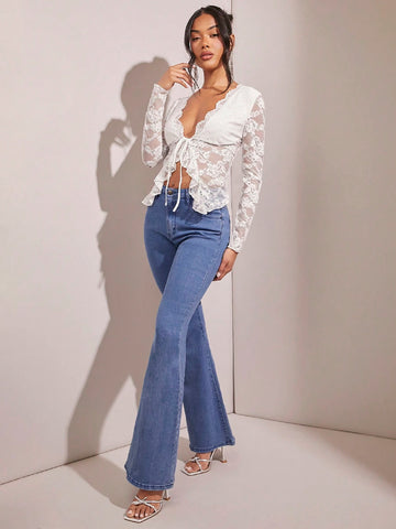 BAE Elegant Lace Ruffle Hem Tie Neck Long Sleeve Top