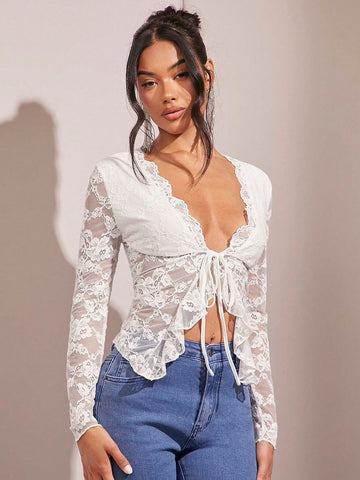BAE Elegant Lace Ruffle Hem Tie Neck Long Sleeve Top