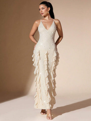 Elegant Women's Dress With Deep V-Neck, Halter, Backless, Ruffle Hem, Rhinestones & Pearls Decor, Summer