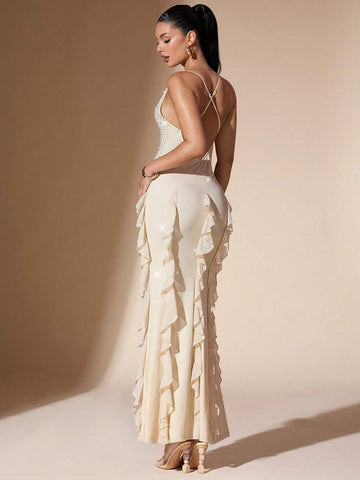 Elegant Women's Dress With Deep V-Neck, Halter, Backless, Ruffle Hem, Rhinestones & Pearls Decor, Summer