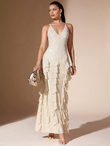 Elegant Women's Dress With Deep V-Neck, Halter, Backless, Ruffle Hem, Rhinestones & Pearls Decor, Summer