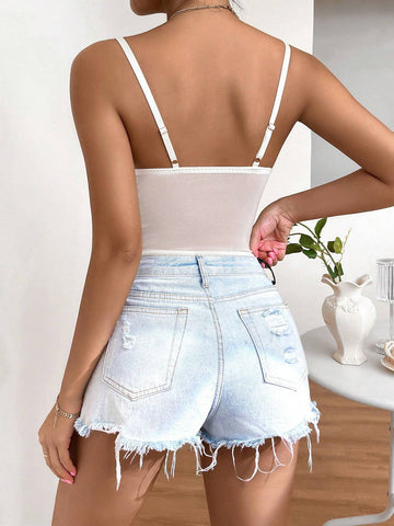 Embroidered Floral Drawstring Bodysuit With Underwire Mesh Knitting Design, Countryside Style