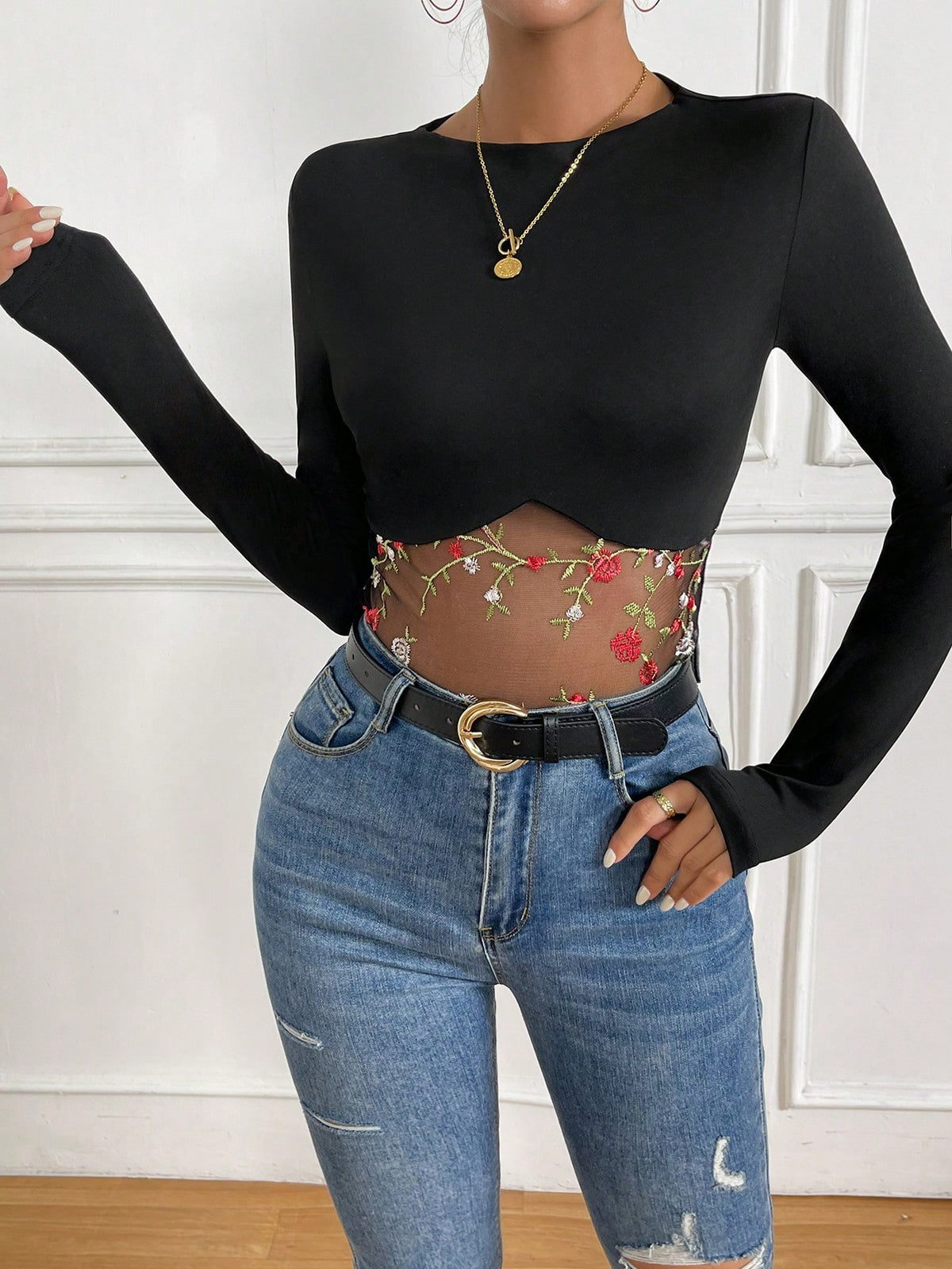 Embroidered Patchwork Bodysuit
