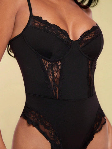 Eyelash Lace Panel Bustier Cami Bodysuit For Summer