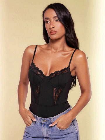 Eyelash Lace Panel Bustier Cami Bodysuit For Summer