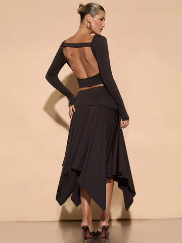 Fall Outfits For Women: Elegant Knit Backless Top With Asymmetrical Hem Skirt Set, Perfect For Casual Dates, Parties, And Everyday Wear