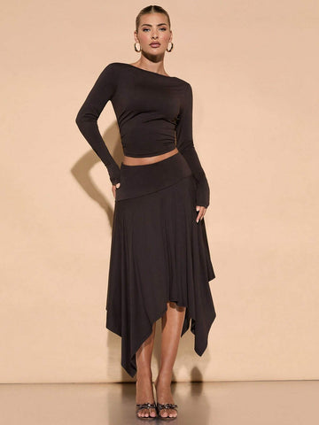 Fall Outfits For Women: Elegant Knit Backless Top With Asymmetrical Hem Skirt Set, Perfect For Casual Dates, Parties, And Everyday Wear