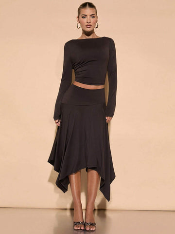 Fall Outfits For Women: Elegant Knit Backless Top With Asymmetrical Hem Skirt Set, Perfect For Casual Dates, Parties, And Everyday Wear