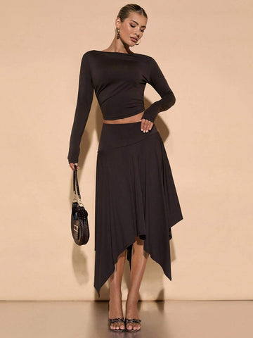 Fall Outfits For Women: Elegant Knit Backless Top With Asymmetrical Hem Skirt Set, Perfect For Casual Dates, Parties, And Everyday Wear