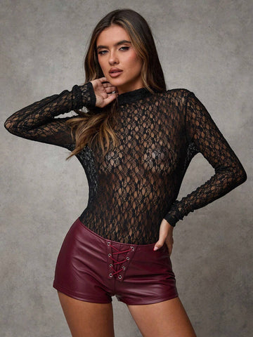 Fall Women Clothing Elegant Women Black Stretch Lace Long Sleeve Sexy Jumpsuit,Hollowed Costumes,Bunny Costume,Halloween Costumes Adults,Cat Woman Costume,Full Bodysuit