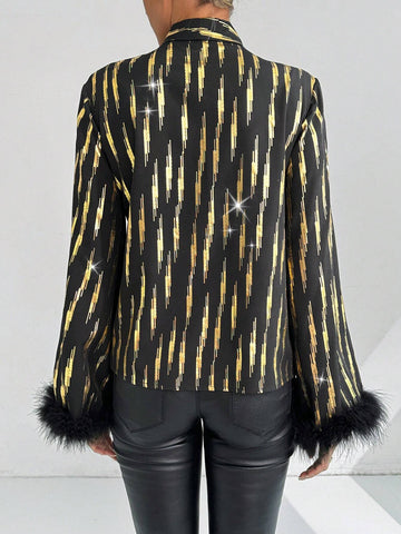 BAE Flare Sleeve Elegant Luxurious Party Gold-Tone Abstract Geometric Contrast Fuzzy Patchwork Blouse