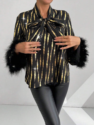 BAE Flare Sleeve Elegant Luxurious Party Gold-Tone Abstract Geometric Contrast Fuzzy Patchwork Blouse