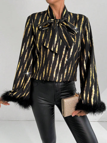 BAE Flare Sleeve Elegant Luxurious Party Gold-Tone Abstract Geometric Contrast Fuzzy Patchwork Blouse