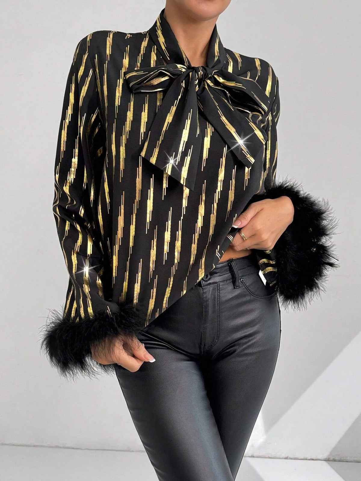 BAE Flare Sleeve Elegant Luxurious Party Gold-Tone Abstract Geometric Contrast Fuzzy Patchwork Blouse