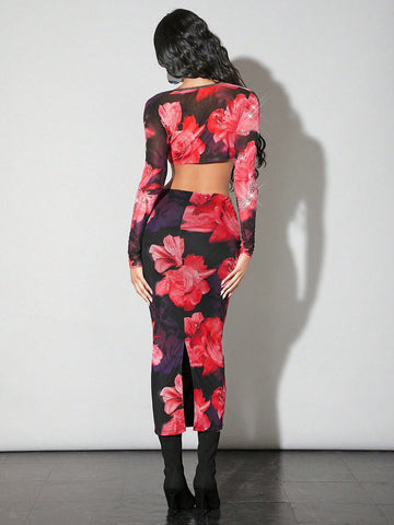 Floral Crop Top And Skirt Set With Rhinestone Embellishment