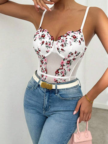 Floral Embroidery Sheer Strapless Bodysuit