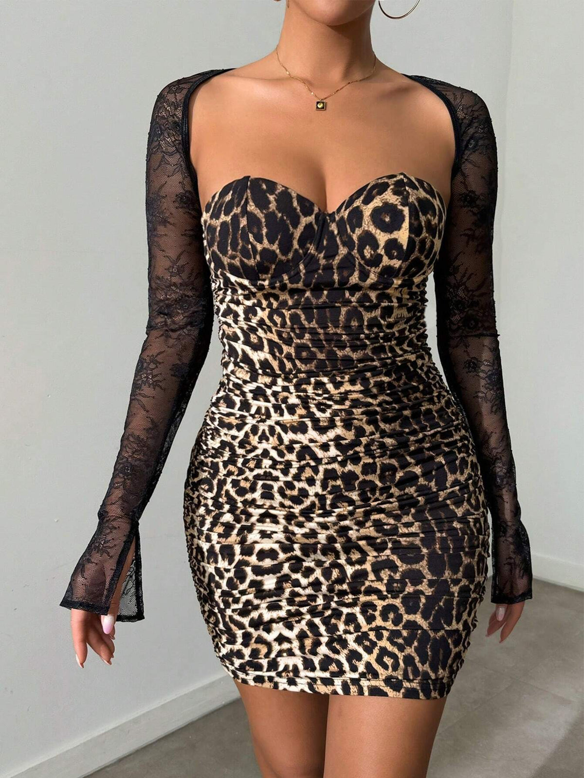 Floral Lace Long Sleeve Patchwork Side Ruched Leopard Print Dress