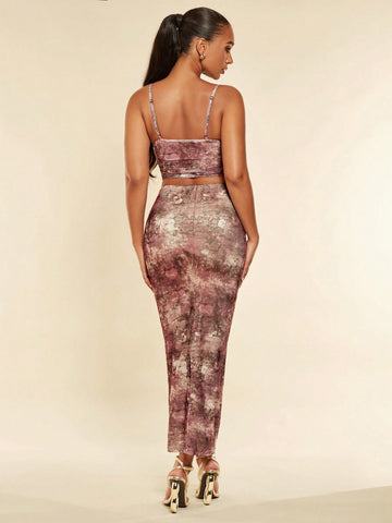 Floral Print Bandana Hem Cami Top & Ruched Pencil Skirt