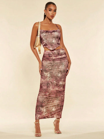 Floral Print Bandana Hem Cami Top & Ruched Pencil Skirt