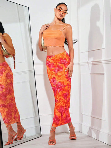 BAE Floral Print Ruched Side Pencil Skirt