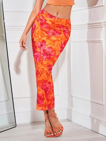 BAE Floral Print Ruched Side Pencil Skirt