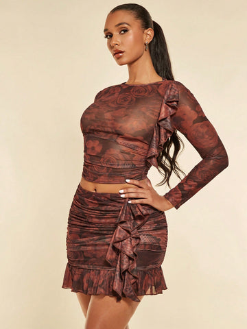 Floral Print Ruffle Trim Top & Ruched Skirt
