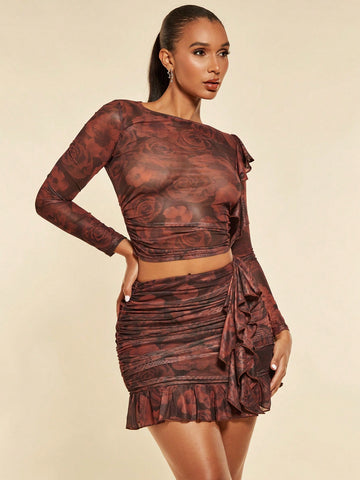 Floral Print Ruffle Trim Top & Ruched Skirt