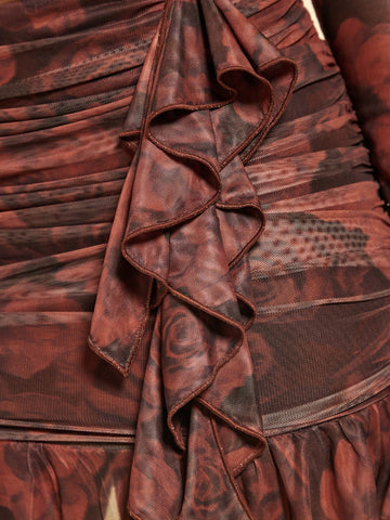 Floral Print Ruffle Trim Top & Ruched Skirt