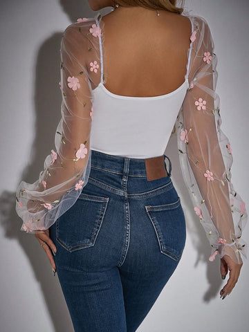 Flower Embroidery Sweetheart Neckline Bodysuit