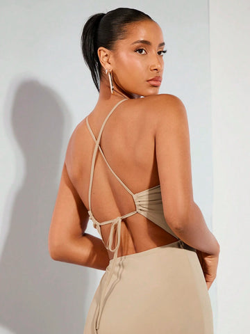 Four-Way Stretch Knit Summer Backless Strappy Sexy Bodycon Padded Top Dress