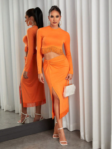 Fringe Hem Crop Tee & Twist Front Split Thigh Skirt