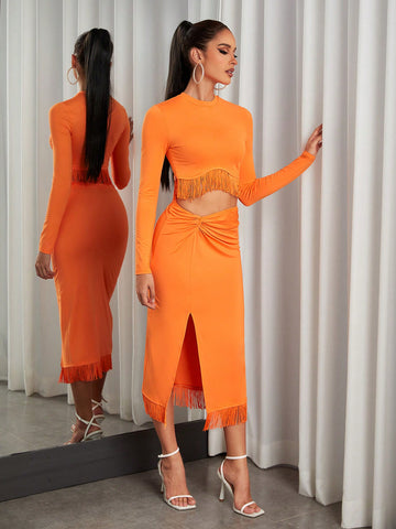 Fringe Hem Crop Tee & Twist Front Split Thigh Skirt