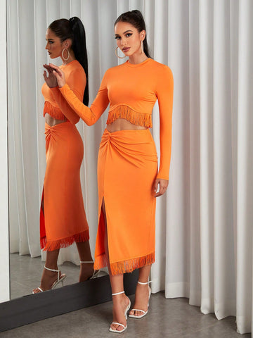 Fringe Hem Crop Tee & Twist Front Split Thigh Skirt