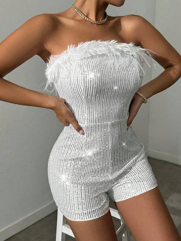 Furry Edge Decor Back Zipper Glitter Strapless Jumpsuit