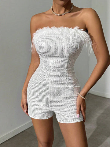 Furry Edge Decor Back Zipper Glitter Strapless Jumpsuit