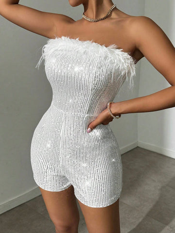 Furry Edge Decor Back Zipper Glitter Strapless Jumpsuit