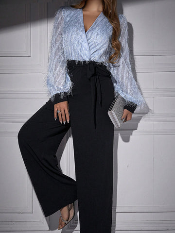 Fuzzy Bodice Wrap Neckline Lantern Sleeve Jumpsuit