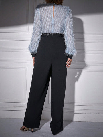 Fuzzy Bodice Wrap Neckline Lantern Sleeve Jumpsuit