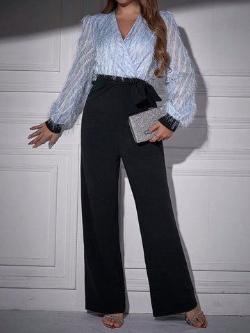 Fuzzy Bodice Wrap Neckline Lantern Sleeve Jumpsuit