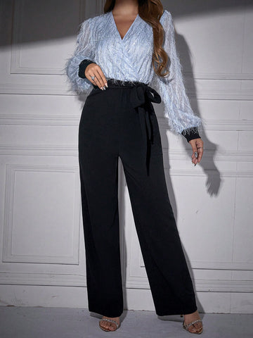 Fuzzy Bodice Wrap Neckline Lantern Sleeve Jumpsuit