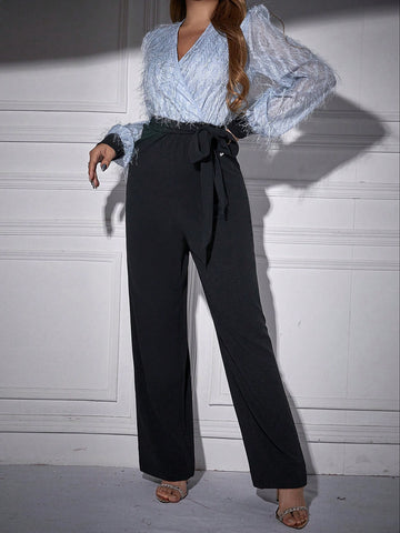 Fuzzy Bodice Wrap Neckline Lantern Sleeve Jumpsuit