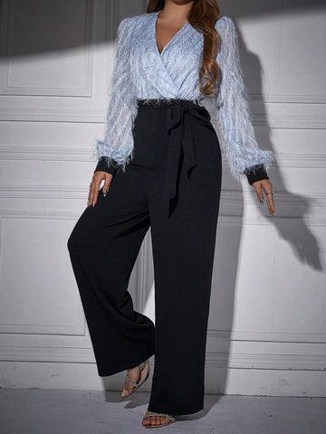 Fuzzy Bodice Wrap Neckline Lantern Sleeve Jumpsuit