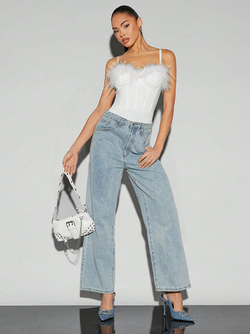 Fuzzy Trimmed Tight Fit Cami Bodysuit