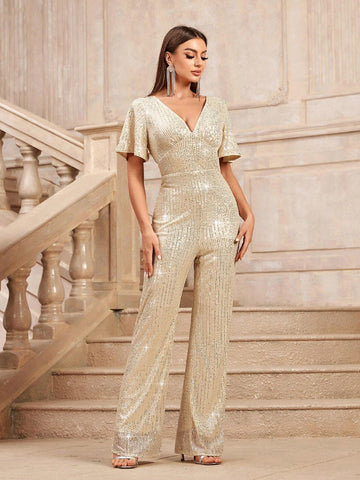 Glitter V-Neck Short Sleeve Jumpsuit With High Waist Straight Wide Leg Trousers For Party