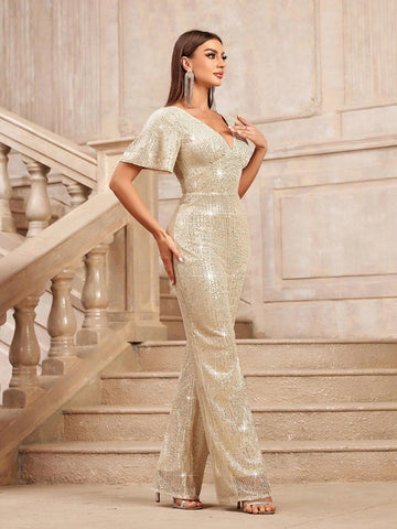 Glitter V-Neck Short Sleeve Jumpsuit With High Waist Straight Wide Leg Trousers For Party