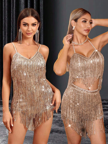 Glittery Spaghetti Strap Fringed V-Neck Shorts Jumpsuit